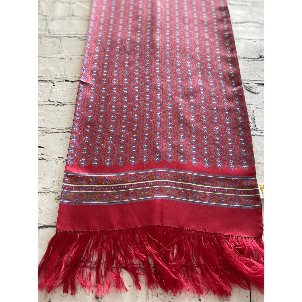 Japanese 100% Silk Fringe Vintage Red White Blue Rectangular Scarf 12"x45" NWOT - Picture 13 of 16